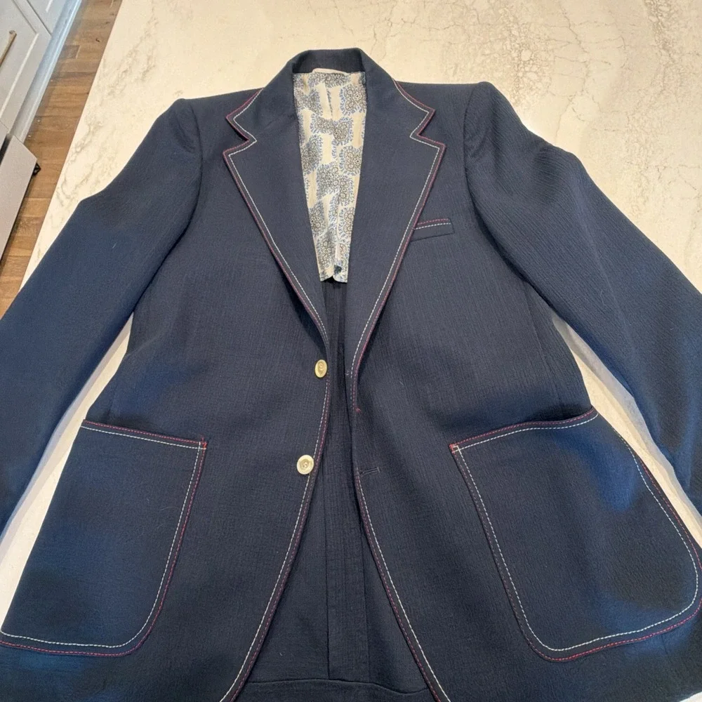 1950s Blazer Mens Navy Blue Red White Stitch Sport Coat Jacket 39